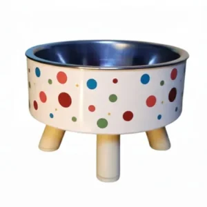 Ciotola rialzata bianco e beige  pois e stelline per gatto o cane di piccola taglia